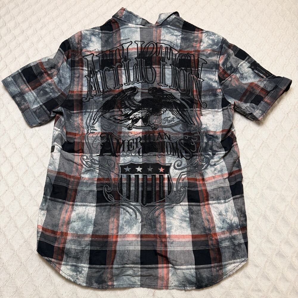 New Affliction Woven Mens Shirt XL Black Premium Plaid Short Sleeve Button Up